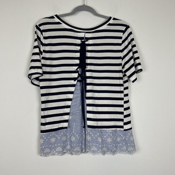 Sanctuary Blue White Striped Short Sleeve Top Eyelet Hem Lace Back Size Medium - Picture 3 of 6